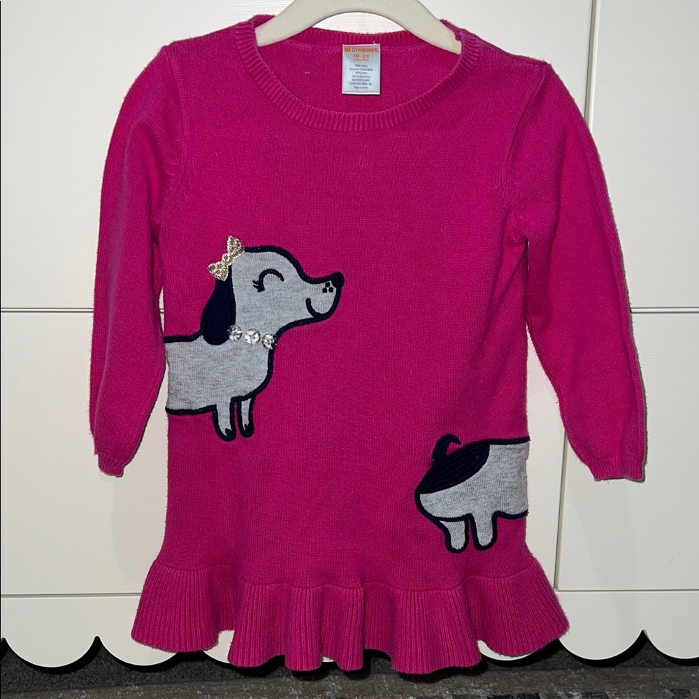 Gymboree Pink Sweater Dress with Dog Design and Ruffles and Glitter